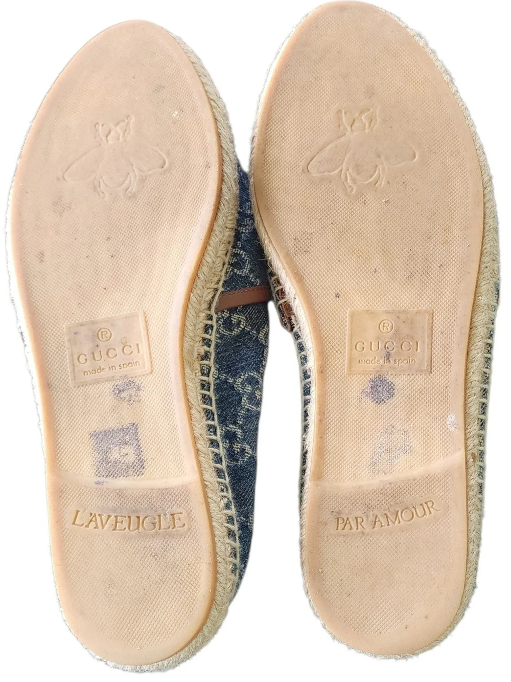 Gucci Blue Monogram Denim Espadrille Flats with Brown Trim